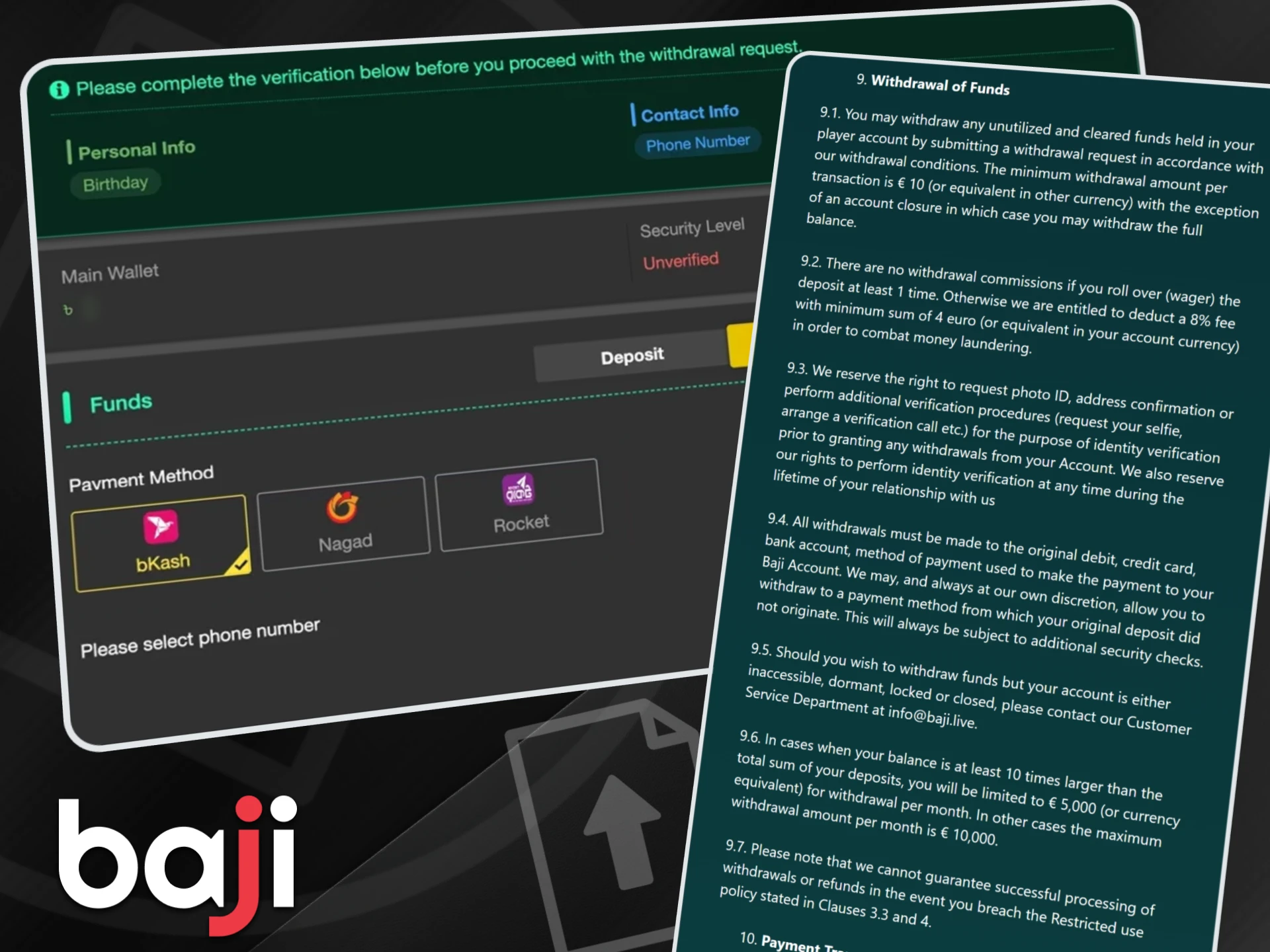 Baji identity verification steps and financial rollover rules required to process a successful funds withdrawal.