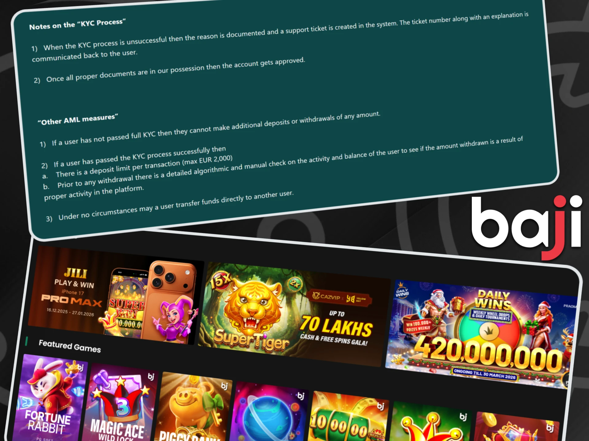 The Baji platform displays the identity verification rules and anti-money laundering measures required to process secure fund withdrawals.